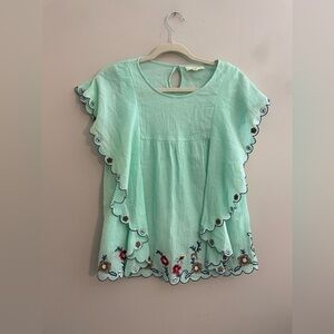 Umgee Turquoise Scalloped Ruffle Embroidered Blouse